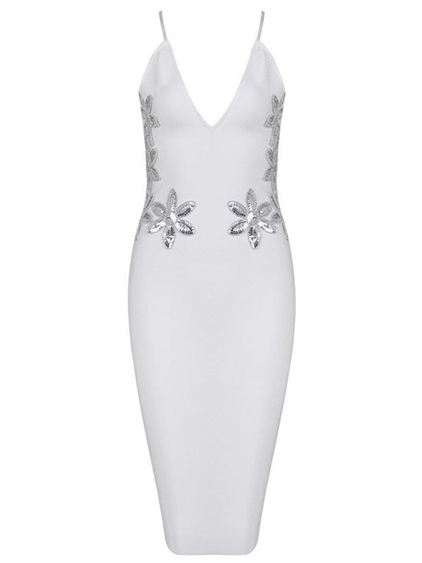 Sexy V-Neck Spaghetti StrapBandage Dresses White