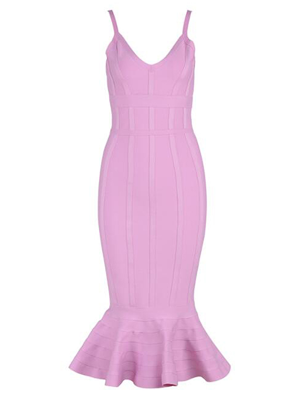 Sexy V-neck Backless Fishtail Bandage Dress Pink