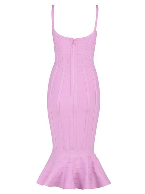 Sexy V-neck Backless Fishtail Bandage Dress Pink