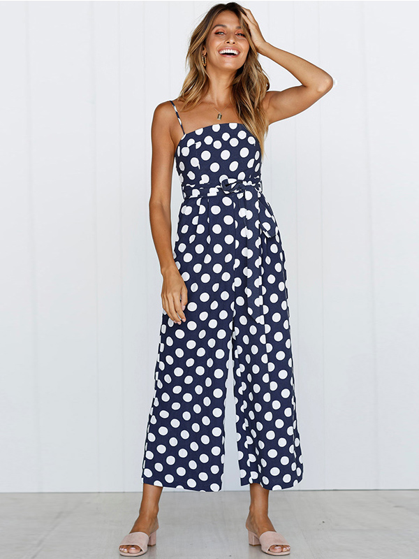 Strappy Sleeveless Polka Dot Overalls Jumpsuit Blue