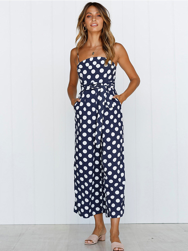 Strappy Sleeveless Polka Dot Overalls Jumpsuit Blue