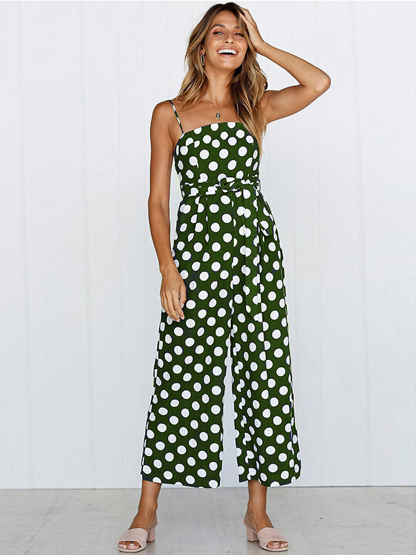 Strappy Sleeveless Polka Dot Overalls Jumpsuit Green