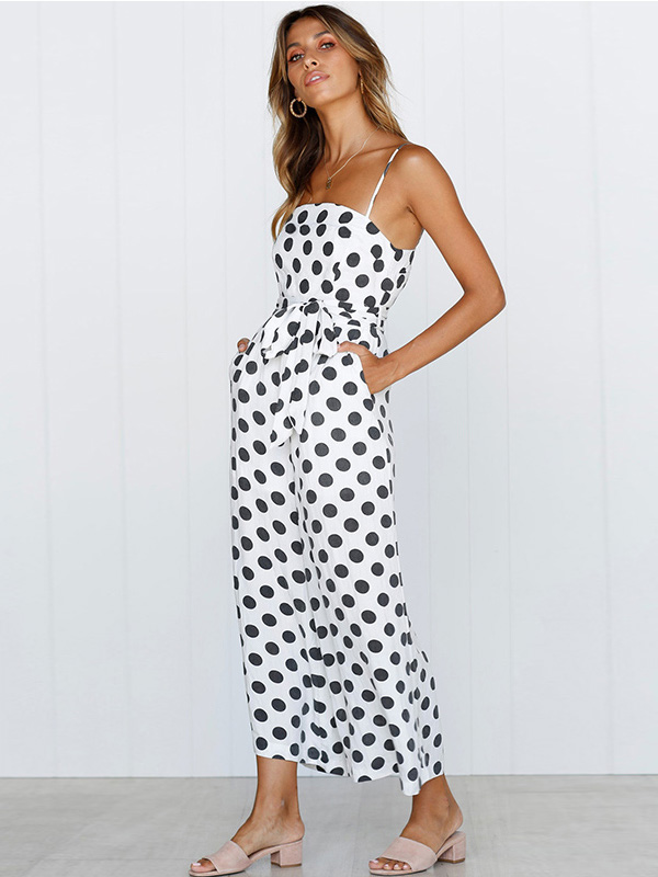 Strappy Sleeveless Polka Dot Overalls Jumpsuit White