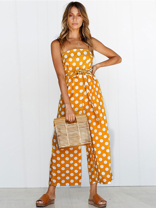 Strappy Sleeveless Polka Dot Overalls Jumpsuit Yellow