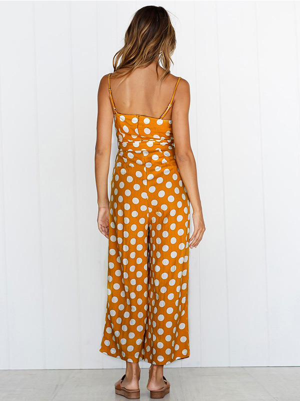 Strappy Sleeveless Polka Dot Overalls Jumpsuit Yellow