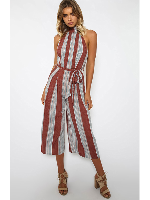 Stripe Off Shoulder Halter Loose Jumpsuit