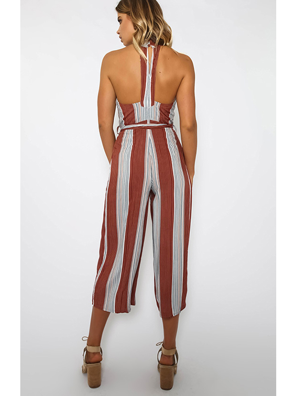 Stripe Off Shoulder Halter Loose Jumpsuit