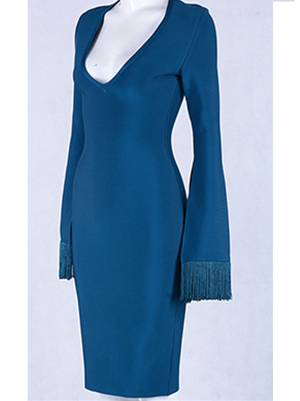 V-neck Long Sleeve Fringed Midi Dress