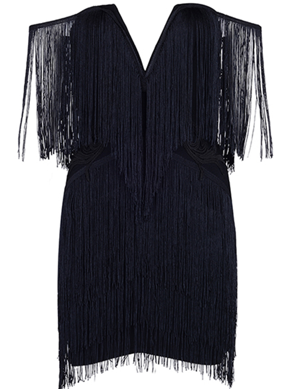 V-neck Off The Shoulder Fringed Dress Black