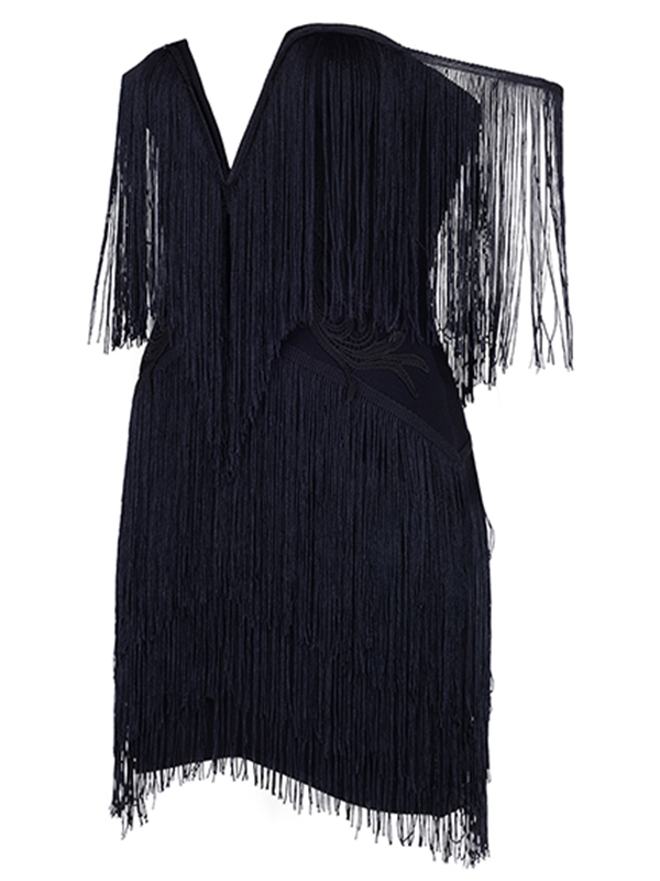 V-neck Off The Shoulder Fringed Dress Black