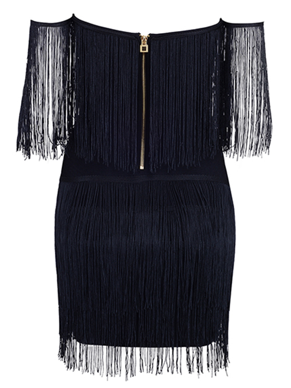 V-neck Off The Shoulder Fringed Dress Black