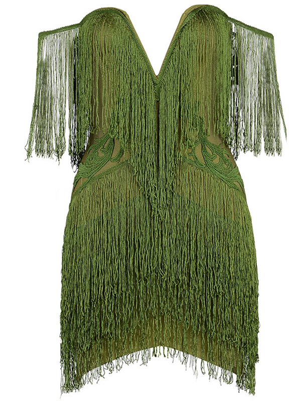 V-neck Off The Shoulder Fringed Dress Green