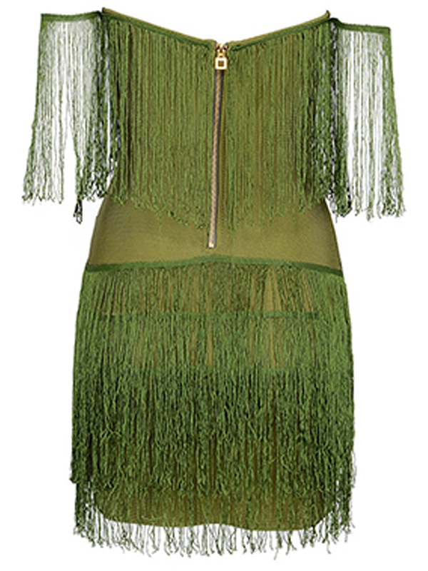 V-neck Off The Shoulder Fringed Dress Green