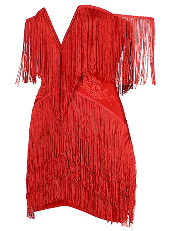 V-neck Off The Shoulder Fringed Dress Red