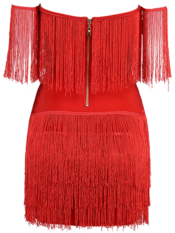 V-neck Off The Shoulder Fringed Dress Red