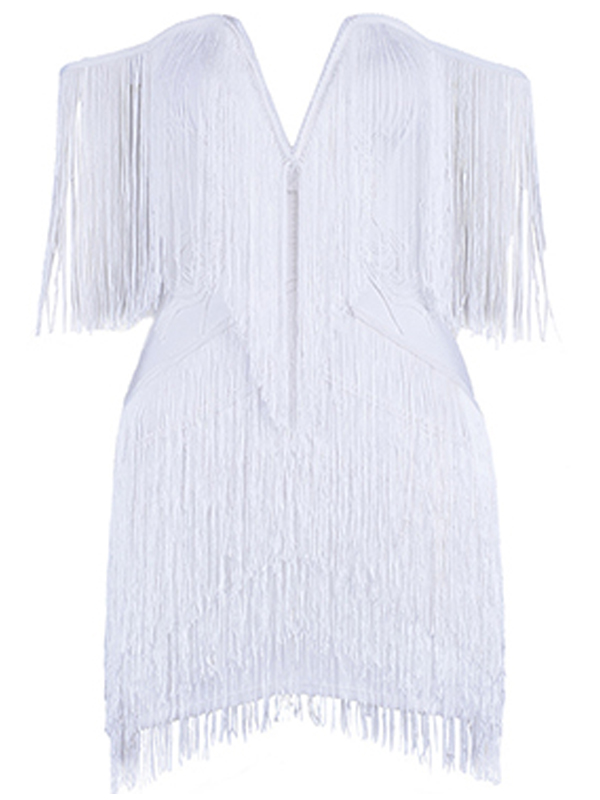 V-neck Off The Shoulder Fringed Dress White