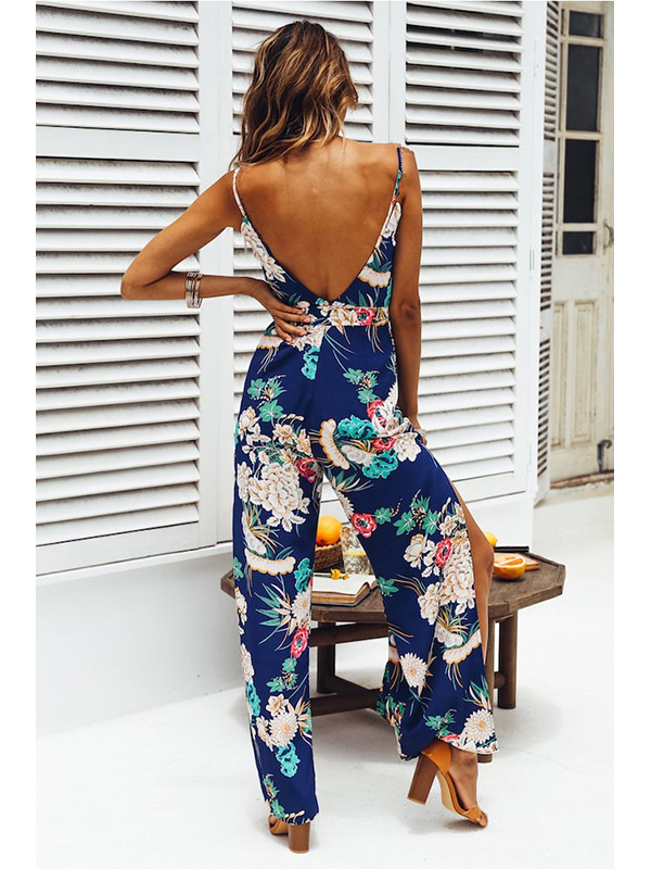 Women Bohemia Sexy Backless Jumpsuit Blue
