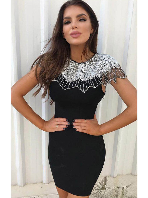 Women O-Neck Beading Bandage Dress Black