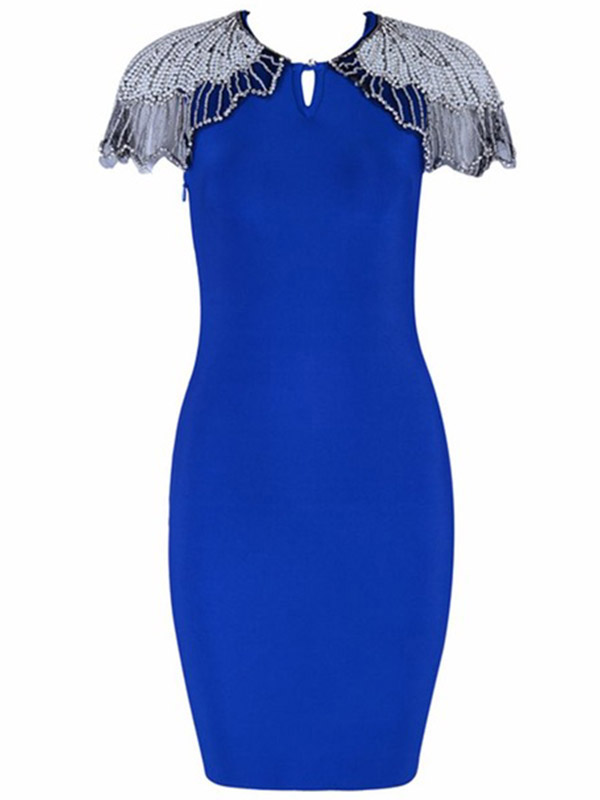 Women O-Neck Beading Bandage Dress Blue