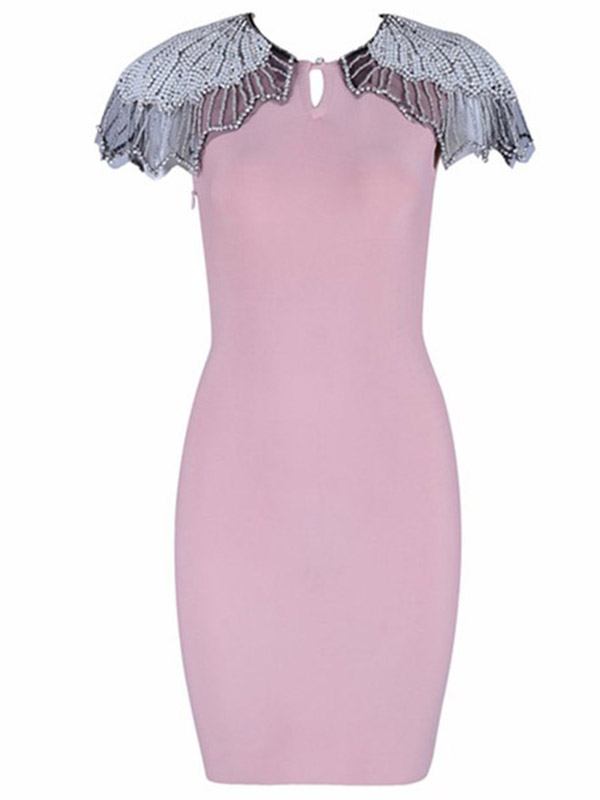 Women O-Neck Beading Bandage Dress Pink