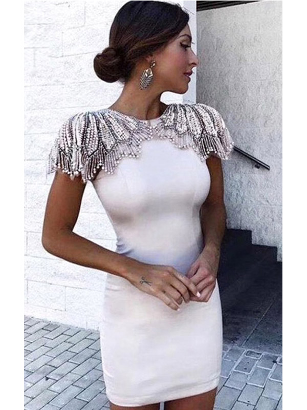 Women O-Neck Beading Bandage Dress White