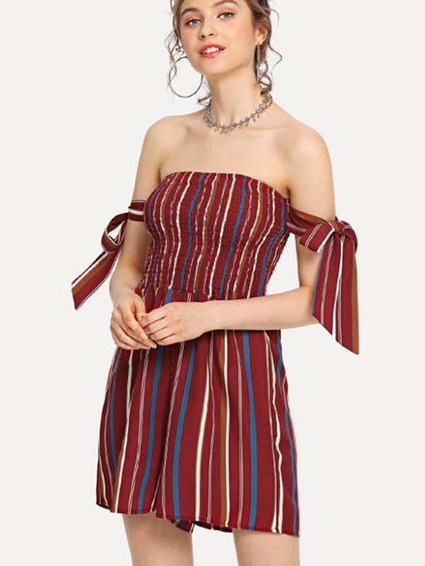 Women Sexy Off Shoulder Vertical Strips Rompers