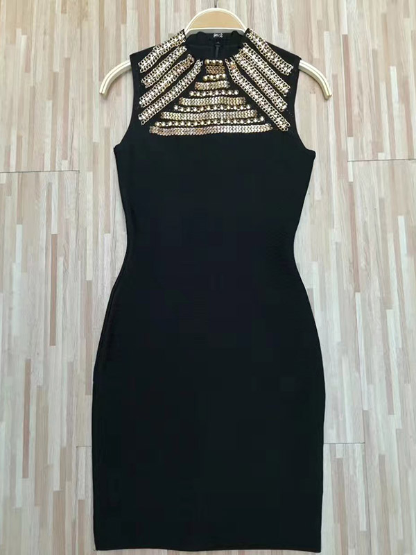 Women Sleeveless Beading Bodycon Bandage Dress Black