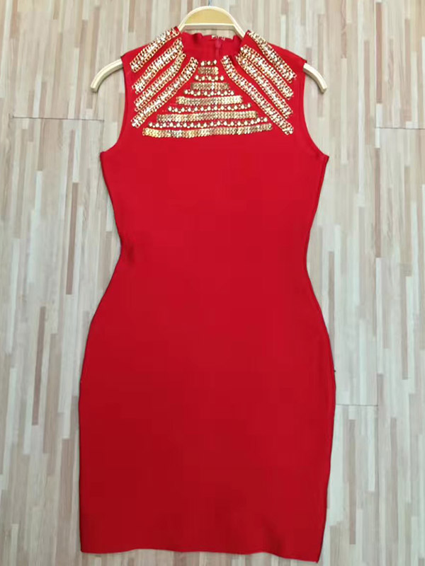 Women Sleeveless Beading Bodycon Bandage Dress Red