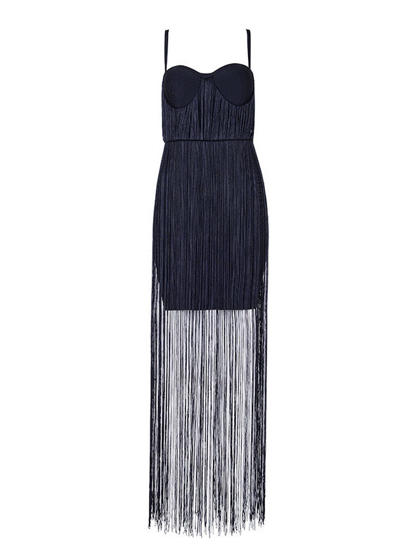 Women Sleeveless Tassels Bandage Dress Black