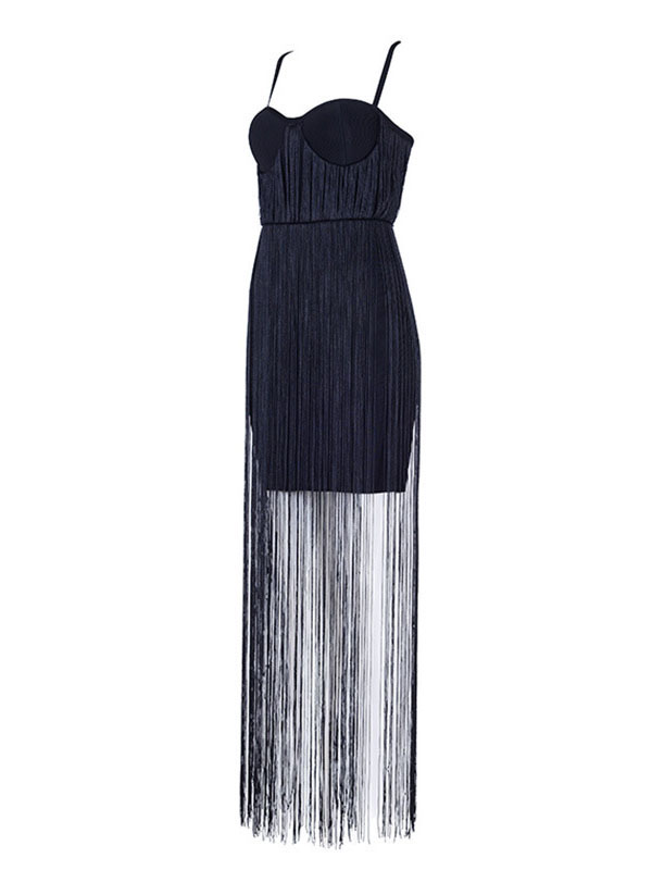 Women Sleeveless Tassels Bandage Dress Black