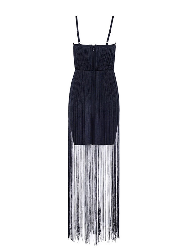Women Sleeveless Tassels Bandage Dress Black
