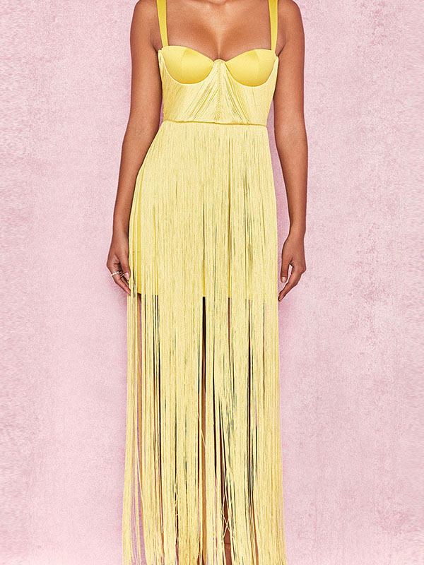 Women Sleeveless Tassels Bandage Dress Yellow