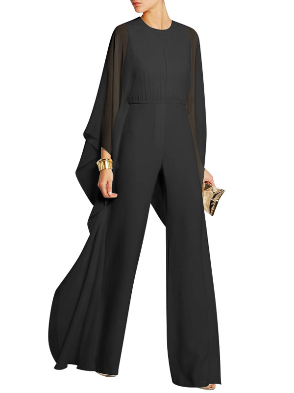 Women Solid Cape Sleeve Jumpsuits Black