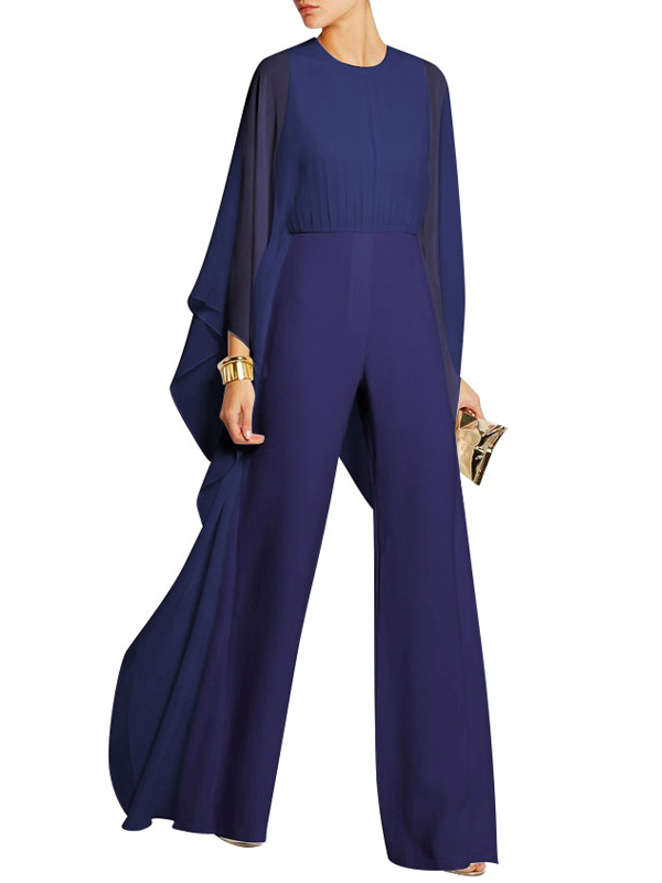 Women Solid Cape Sleeve Jumpsuits Blue