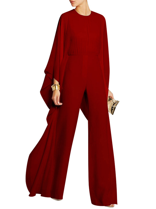 Women Solid Cape Sleeve Jumpsuits Red