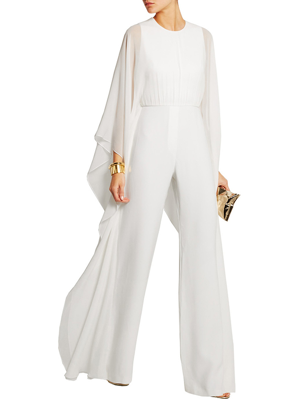 Women Solid Cape Sleeve Jumpsuits White