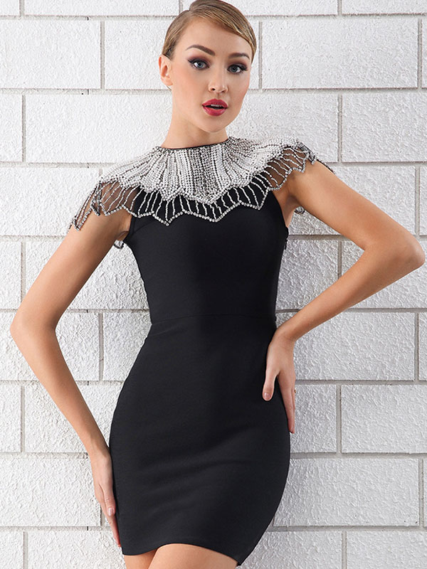 Women Solid Party Bandage Mini Dresses Black 