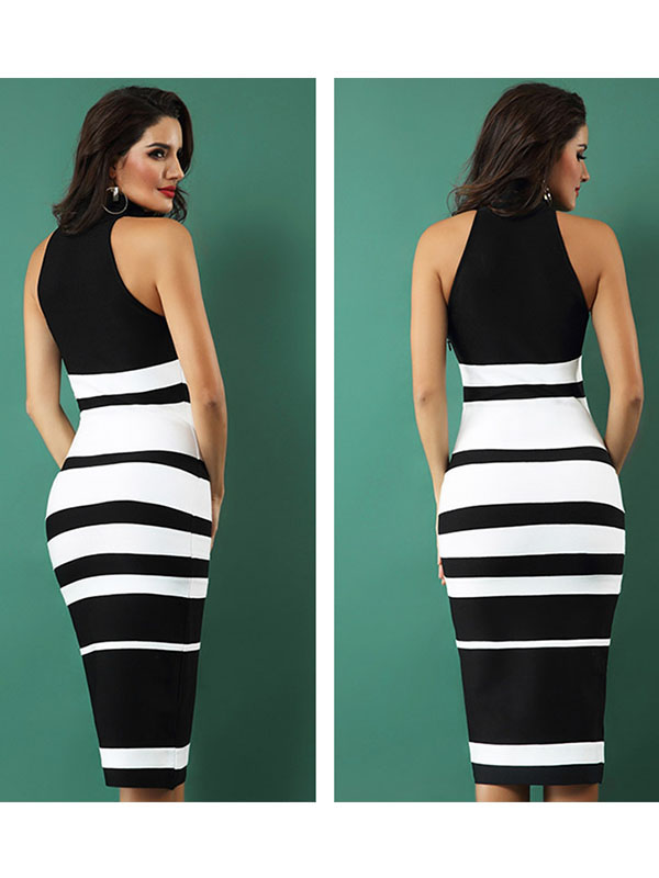 Women Stripe Midi Bandage Dresses Black  