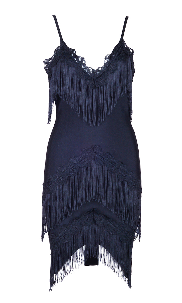 Women Tassel Lace Zipper Evening Bandage Dress