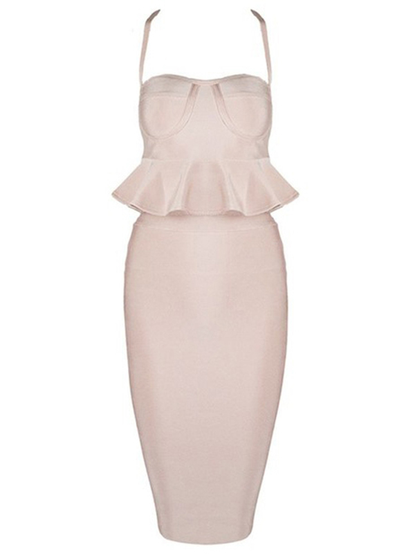 Women Two Piece Sleeveless Bandage Dress Apricot