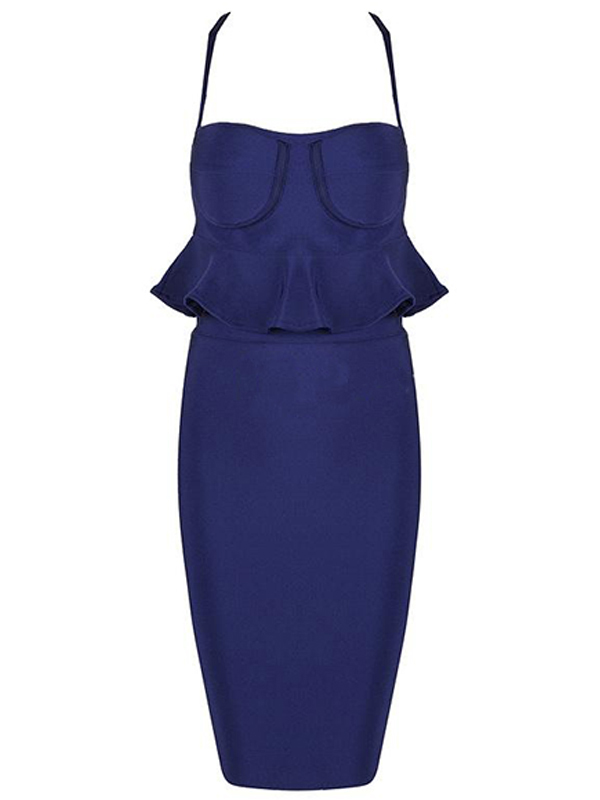 Women Two Piece Sleeveless Bandage Dress Dark Blue