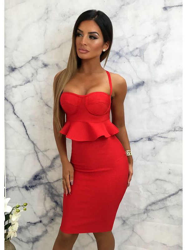 Women Two Piece Sleeveless Bandage Dress Red
