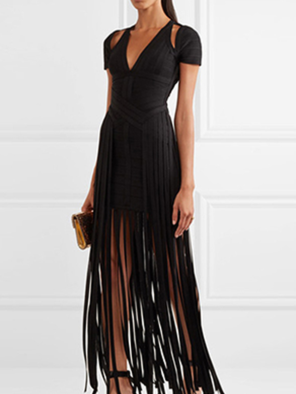 Women V-neck Short Sleeve Fringed Bandage Dress 