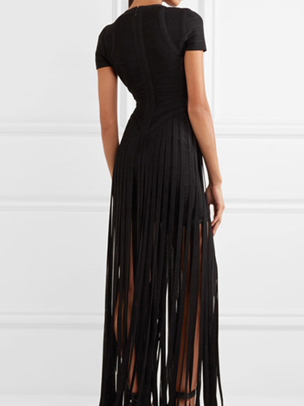 Women V-neck Short Sleeve Fringed Bandage Dress 