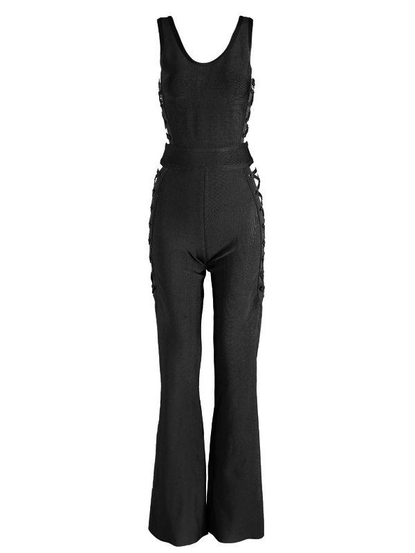 Women Wide Leg Sleeveless U Neck Jumpsuits Black