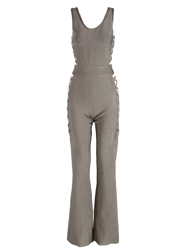 Women Wide Leg Sleeveless U Neck Jumpsuits Grey