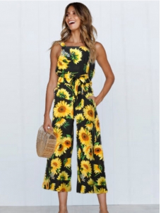 Bohemia Floral Print Sleeveless Jumpsuit Blue