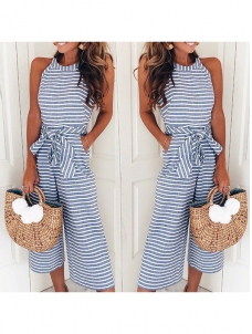 Elegant Stripe Round Collar Jumpsuit Blue