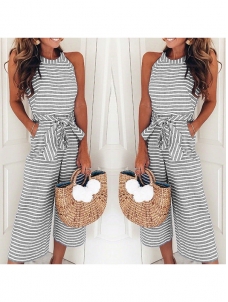 Elegant Stripe Round Collar Jumpsuit Gray