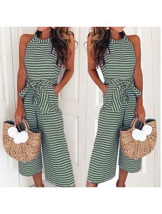 Elegant Stripe Round Collar Jumpsuit Green